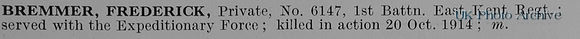 Bremmer F Pte 6147 1st East Kent Regiment