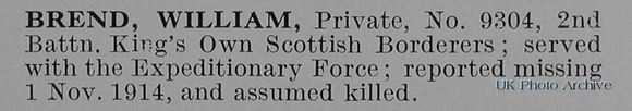 Brend W Pte 9304 2nd Kings Own Scottish Borderers
