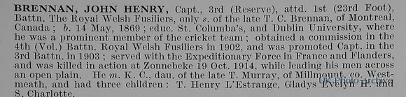 Brennan J H Captain 1st Royal Welsh Fusiliers