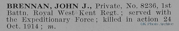Brennan J J Pte 8236 1st Royal West Kent Regiment