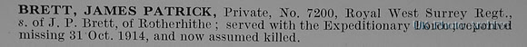 Brett J P Pte 7200 Queens Royal West Surrey Regiment