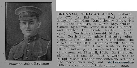 Brennnan T J L/Cpl 6774 1st Canadian Expeditionary Force Obit