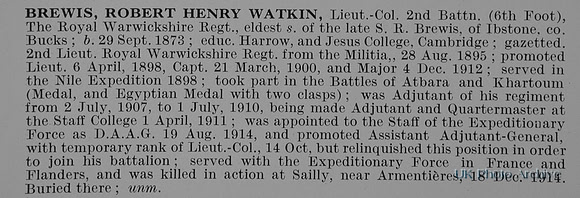 Brewis R H W Lt Col 2nd Royal Warwickshire Regiment