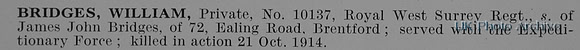 Bridges W Pte 10137 Queens Royal West Surrey Regiment