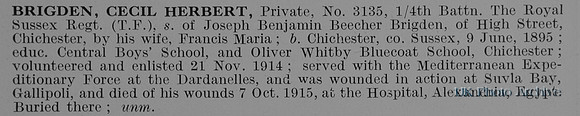 Brigden C H Pte 3135 4th Royal Sussex Regiment