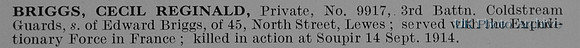 Briggs C R Pte 9917 3rd Coldstream Guards