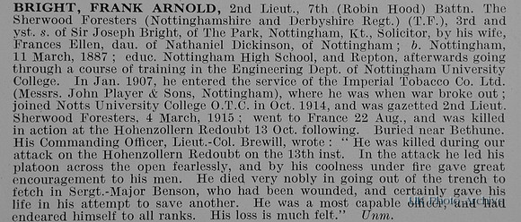 Bright F A 2nd Lt 7th Notts And Derby Regiment