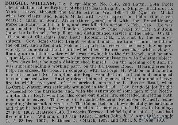 Bright W Coy Sergt Maj 6140 2nd East Lancs Regiment