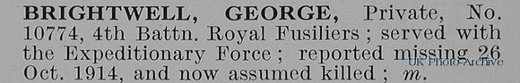 Brightwell G Pte 10774 4th Royal Fusiliers