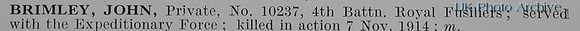 Brimley J Pte 10237 4th Royal Fusiliers