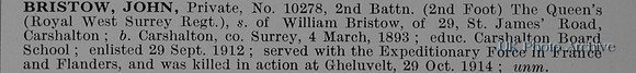 Bristow J Pte 10278 2nd Queens Royal West Surrey Regiment