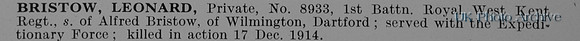 Bristow L Pte 8933 1st Royal West Kent Regiment