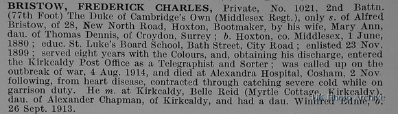 Bristow F C Pte 1021 2nd Middlesex Regiment
