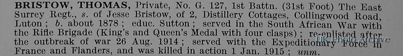 Bristow T Pte G127 1st East Surrey Regiment