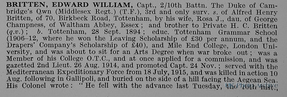 Britten E W Captain 10th Middlesex Regiment Obit Part 1