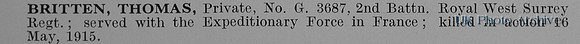 Britten T Pte G3687 2nd Queens Royal West Surrey Regiment