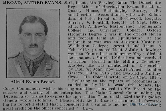 Broad A E Lt MC 6th Dorset Regiment Obit