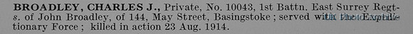Broadley C J Pte 10043 1st East Surrey Regiment