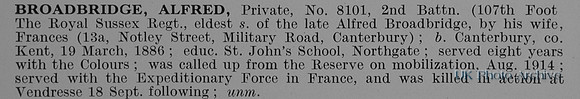 Broadbridge A Pte 8101 2nd Royal Sussex Regiment