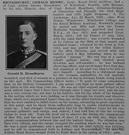 Broadhurst G H Lt Royal Field Artillery Obit