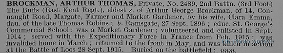 Brockman A T Pte 2489 2nd East Kent Regiment