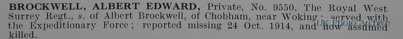 Brockwell A E Pte 9550 Royal West Surrey Regiment