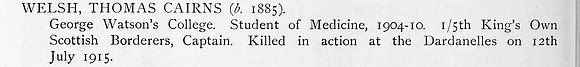 Welsh T C Captain 5th Kings Own Scottish Borderers Obit