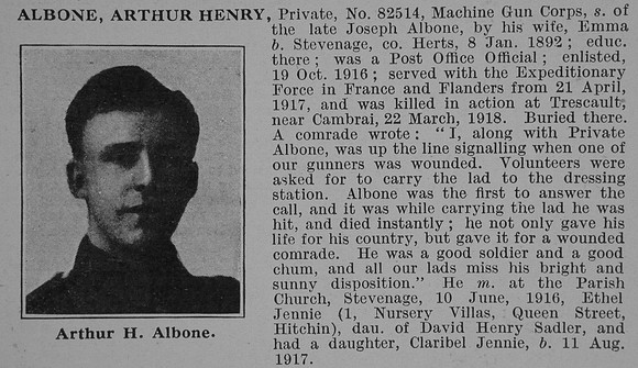 Albone A H Pte Machine Gun Corps  Obit
