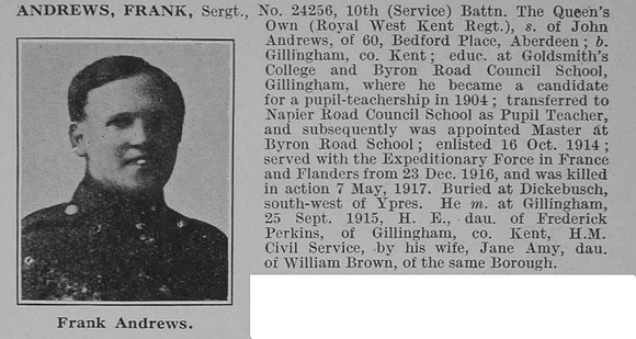 Andrews F Sergt 10th Royal West Kent Regiment Obit