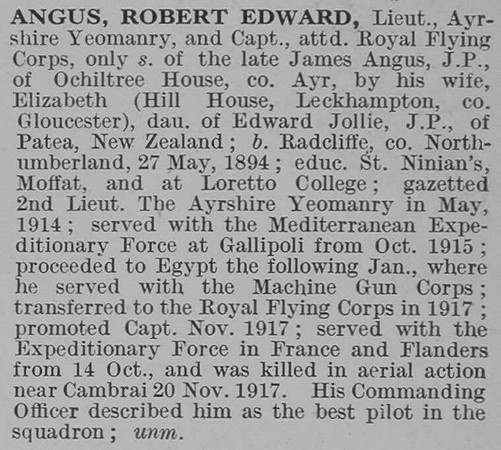 Angus R E Lt Ayshire Yeomanry attd Royal Flying Corps Obit