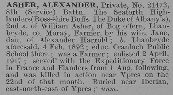 Asher A Pte 8th Seaforth Highlanders Obit