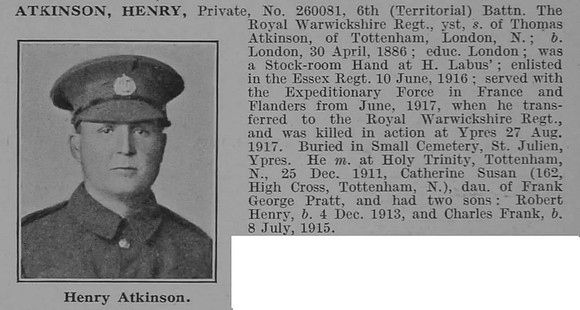 Atkinson H Pte 6th Royal Warwickshire Regiment Obit