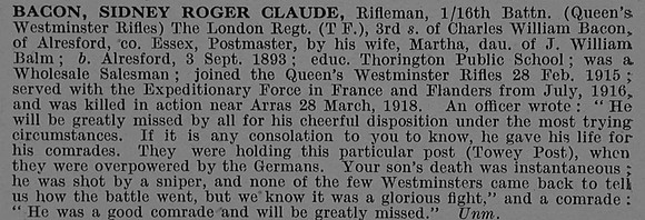Bacon S R C Rfn 16th London Regiment Obit