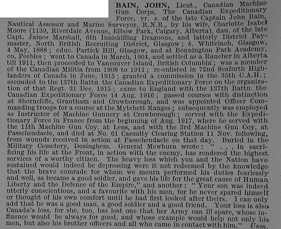 Bain J Lt Canadian Machine Gun Corps Obit