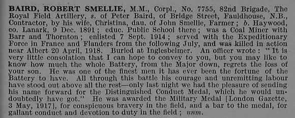 Baird R S Cpl MM Royal Field Artillery Obit