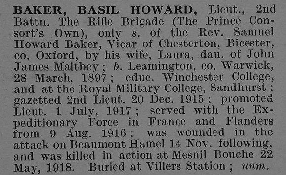 Baker B H Lt 2nd Rifle Brigade Obit