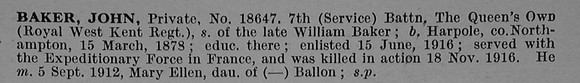 Baker J Pte 18647 7th Queens Own Royal West Kent Regiment
