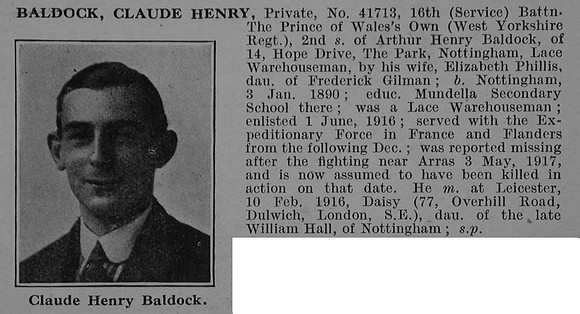Baldock C H Pte 41713 16th West Yorkshire Regiment Obit