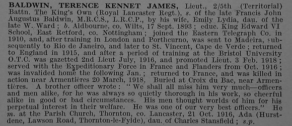 Baldwin T K R Lt 5th Kings Own Royal Lancaster Regiment Obit