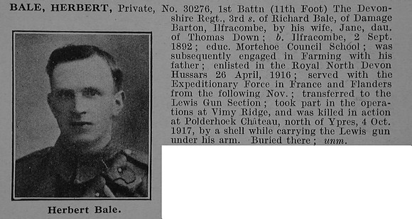Bale H Pte 30276 1st Devonshire Regiment Obit