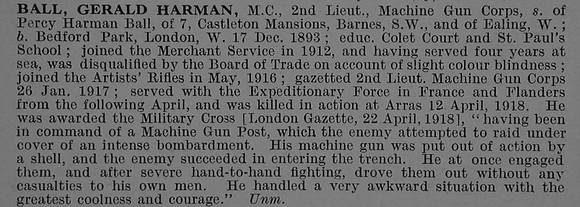 Ball G H 2nd Lt MC Machine Gun Corps Obit