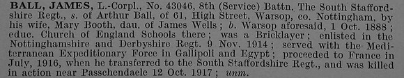 Ball J L/Cpl 43046 8th South Staffordshire Regiment
