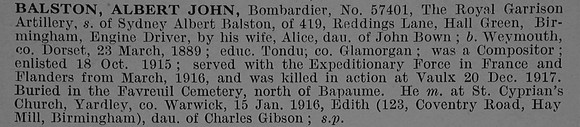 Balston A J Bmdr 57401 Royal Garrison Artillery Obit