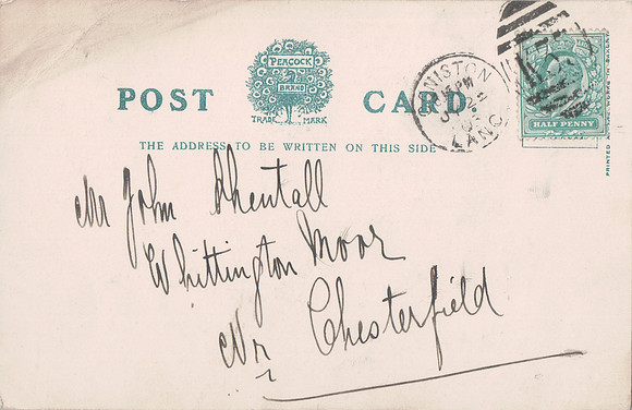 Postcard Sent To John Shentall Whittington Moor Nr Chesterfield Derbyshire 1903