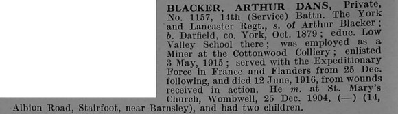 Blacker A D Pte 1137 14th York & Lancs Regiment Obit