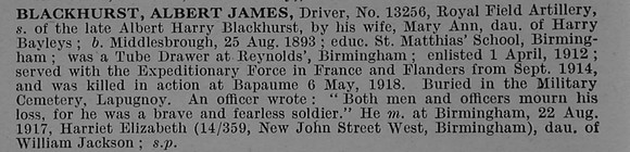 Blackhurst A J Pte 13256 Royal Field Artillery Obit