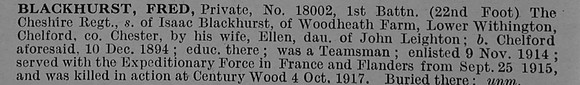 Blackhurst F Pte 18002 1st Cheshire Regiment