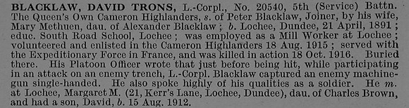 Blacklaw D T L/Cpl 20540 5th Cameron Highlanders Obit