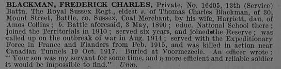 Blackman F C Pte 16405 13th Royal Sussex Regiment Obit