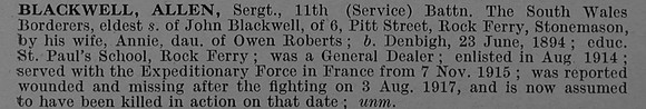 Blackwell A Sergt 11th South Wales Borderers Obit
